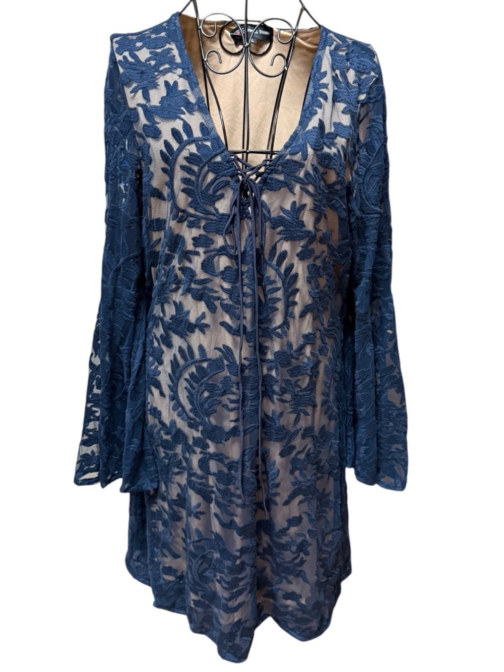 Rockwell Tharp Blue Lace Overlay Bell Sleeve Dress Tunic